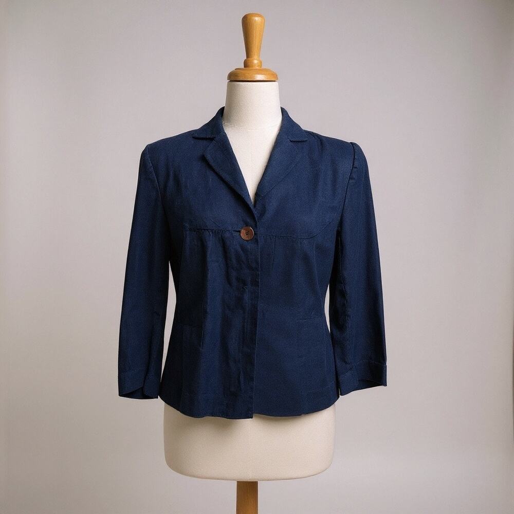 Linen Blazer 6 Navy Blue 3/4 Sleeve Single Button Minimalist Chic Coastal Preppy